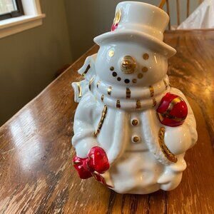 Vintage Glam Ceramic Snowman Planter Red & Gold Trim Christmas Decor